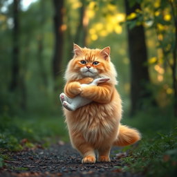 A fluffy orange cat with a round, kind face and a big belly, standing on its hind legs as it walks along a forest path