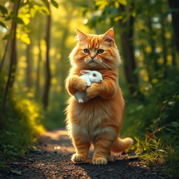 A fluffy orange cat with a round, kind face and a big belly, standing on its hind legs as it walks along a forest path