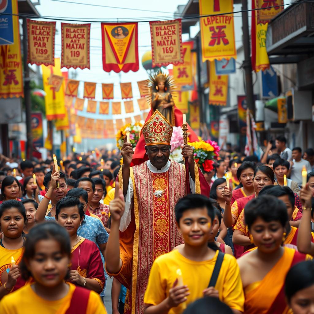 A vibrant street scene depicting a traditional Philippine festival honoring the Black Nazarene