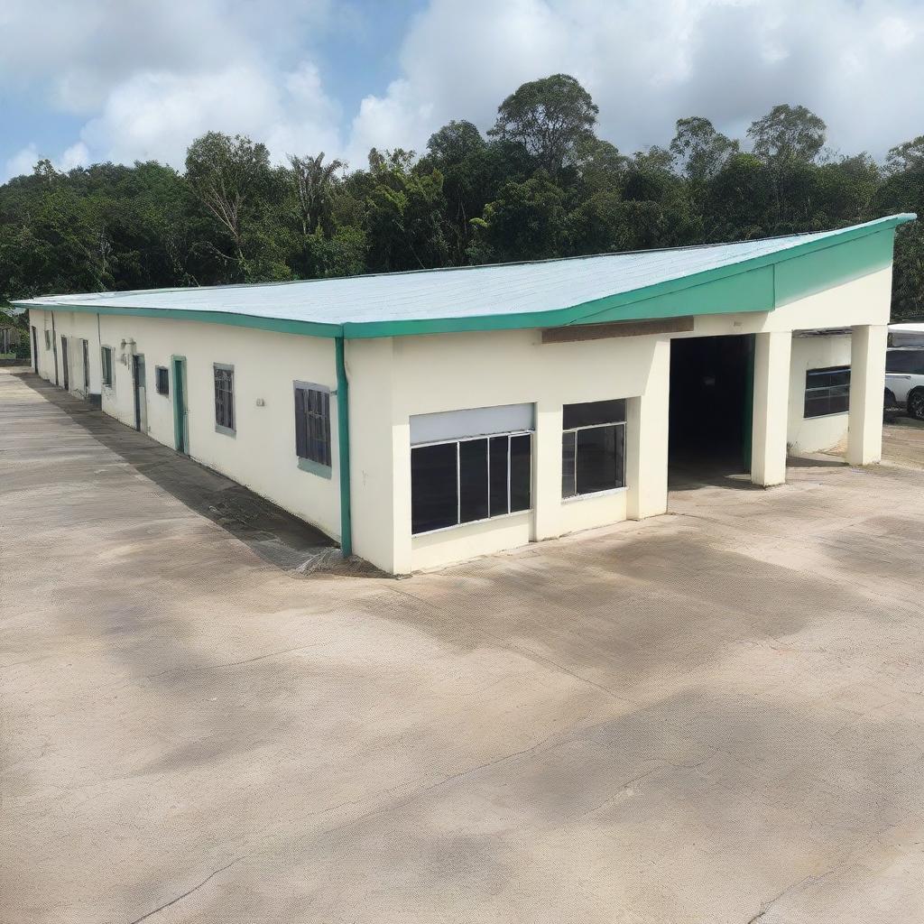 Show a modern, simple, and approximately 5200 sqft Guyana Marketing Corporation Processing & Packaging Facility with a visually appealing and accessible entrance. Add ramps, handrails, signage for visually impaired and adequate parking for the disabled.