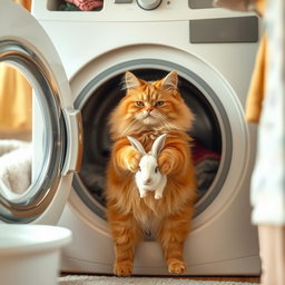 A fluffy orange cat with a round, kind face and a big belly standing on its hind legs inside its cozy home