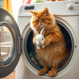 A fluffy orange cat with a round, kind face and a big belly standing on its hind legs inside its cozy home