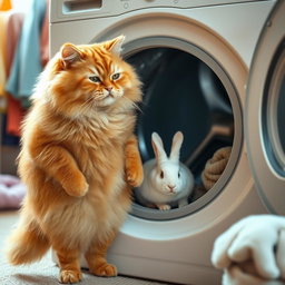 A fluffy orange cat with a round, kind face and a big belly standing on its hind legs inside its cozy home