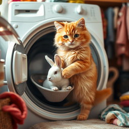 A fluffy orange cat with a round, kind face and a big belly standing on its hind legs inside its cozy home