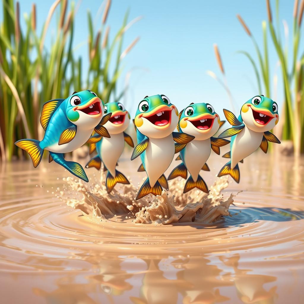 A group of cheerful, cartoon-style jumping fish emerging from muddy water, playfully dancing and leaping into the air