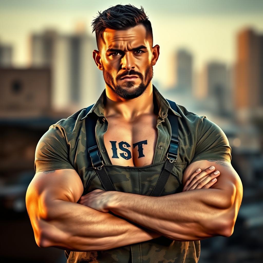A rugged loxman gunsman stands confidently, displaying a hardened facial expression