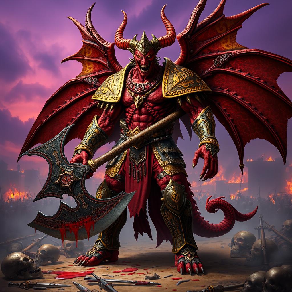 A majestic Arabic daemon prince of Khorne, embodying the essence of war and chaos