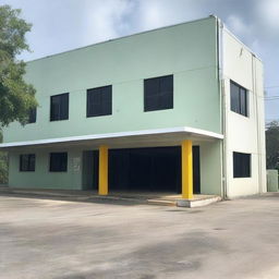 Show a modern, simple, and approximately 5200 sqft Guyana Marketing Corporation Processing & Packaging Facility with a visually appealing and accessible entrance. Add ramps, handrails, signage for visually impaired and adequate parking for the disabled.