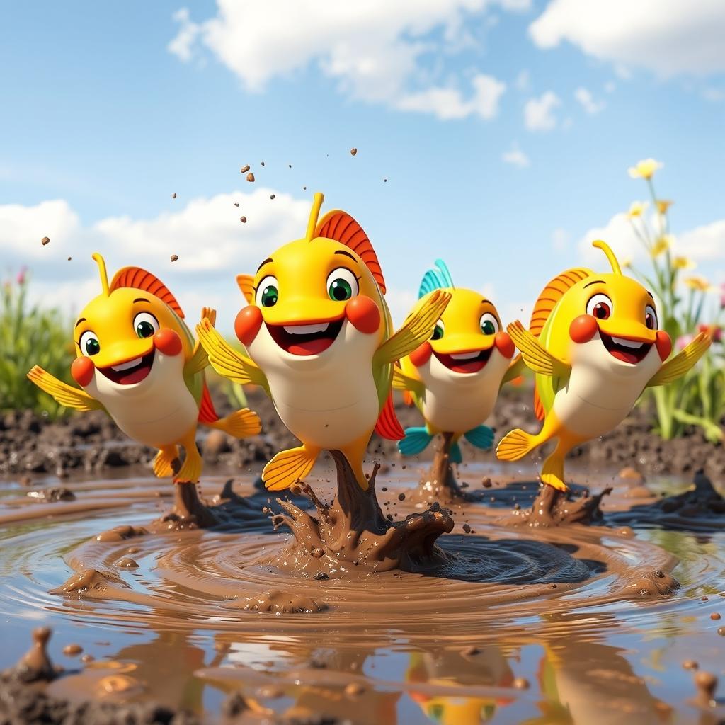 A lively scene depicting a group of cute, cartoon-style jumping fish dancing joyfully in the mud