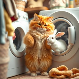 A fluffy orange cat with a round, kind face and a big belly standing on its hind legs inside its cozy home, curiously observing a white rabbit being washed inside a closed washing machine