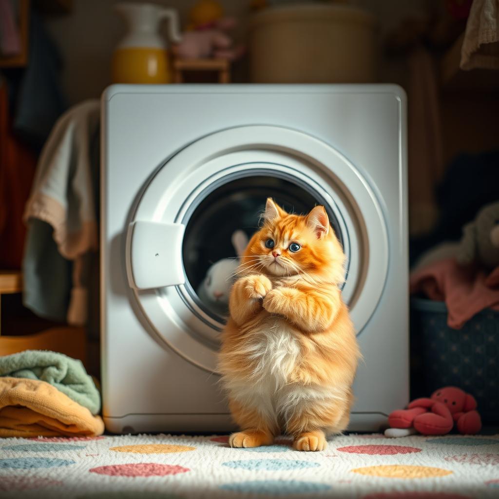 A fluffy orange cat with a round, kind face and a big belly standing on its hind legs inside its cozy home, curiously observing a white rabbit being washed inside a closed washing machine