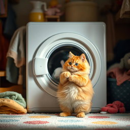 A fluffy orange cat with a round, kind face and a big belly standing on its hind legs inside its cozy home, curiously observing a white rabbit being washed inside a closed washing machine