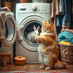 A fluffy orange cat with a round, kind face and a big belly standing on its hind legs inside its cozy home, curiously observing a white rabbit being washed inside a closed washing machine