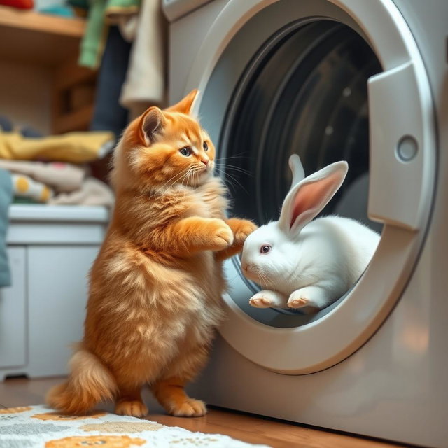 A fluffy orange cat with a round, kind face and a big belly standing on its hind legs inside its cozy home, curiously observing a white rabbit being washed inside a closed washing machine