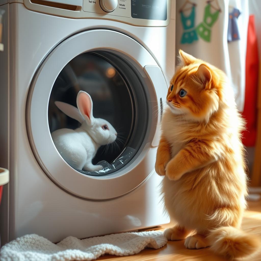 A fluffy orange cat with a round, kind face and a large belly standing on its hind legs inside its cozy home, intently watching a white rabbit being washed inside a closed washing machine