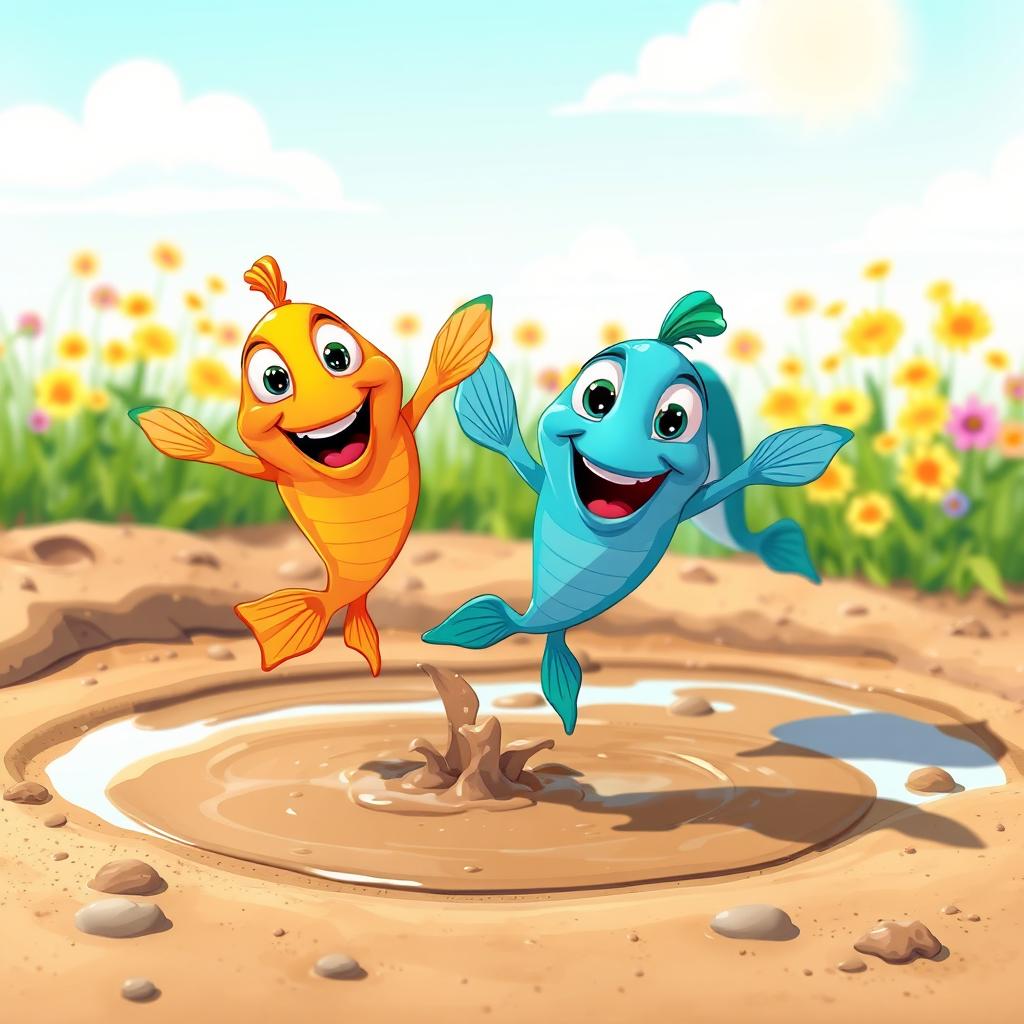 A playful scene featuring cartoon-style jumping fish dancing joyfully on dry land, surrounded by mud puddles