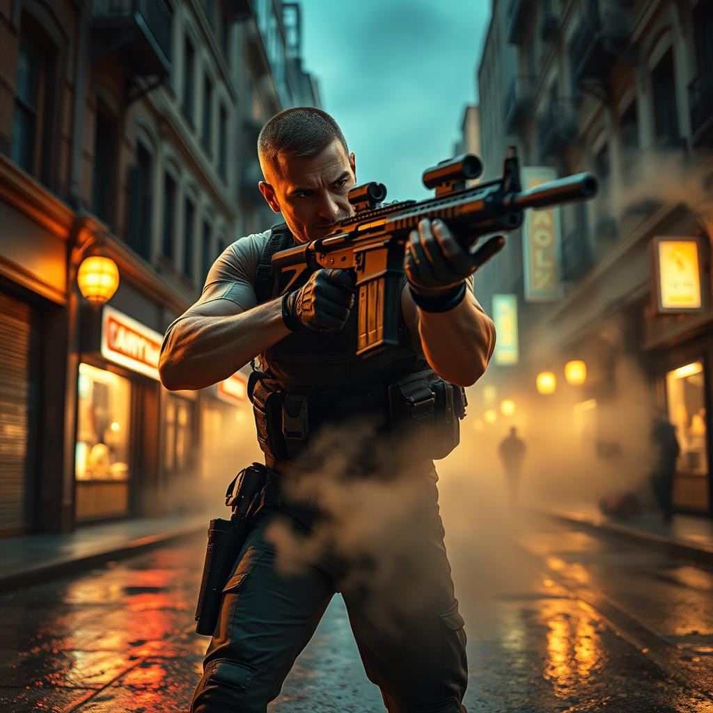 A skilled gunsman depicted in a dramatic action scene, wearing tactical gear and aiming his weapon with precision