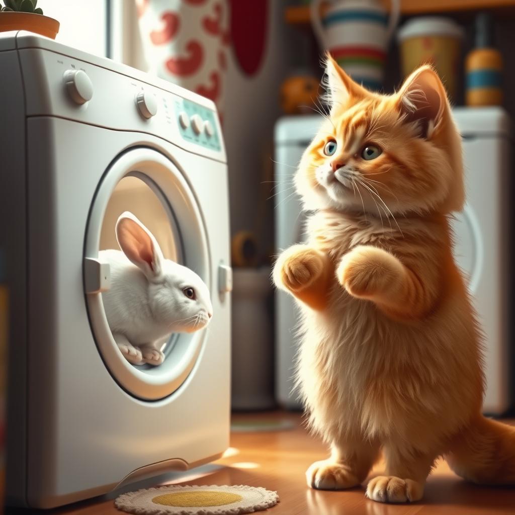 A fluffy orange cat with a round, kind face and a big belly standing on its hind legs inside its cozy home, watching a white rabbit that is being washed in a closed washing machine