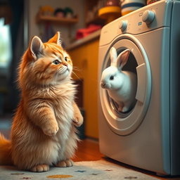 A fluffy orange cat with a round, kind face and a big belly standing on its hind legs inside its cozy home, watching a white rabbit that is being washed in a closed washing machine