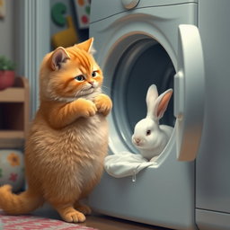 A fluffy orange cat with a round, kind face and a big belly standing on its hind legs inside its cozy home, watching a white rabbit that is being washed in a closed washing machine