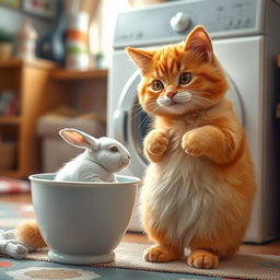 A fluffy orange cat with a round, kind face and a big belly standing on its hind legs inside its cozy home, watching a white rabbit that is being washed in a closed washing machine