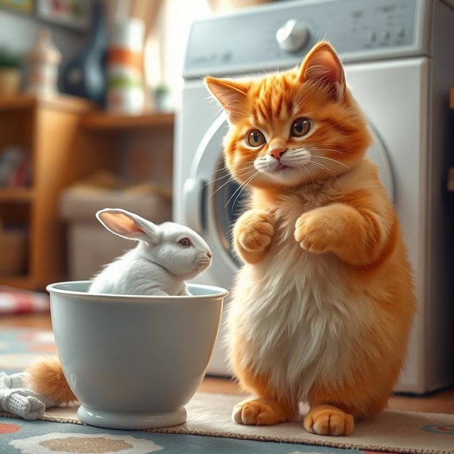 A fluffy orange cat with a round, kind face and a big belly standing on its hind legs inside its cozy home, watching a white rabbit that is being washed in a closed washing machine