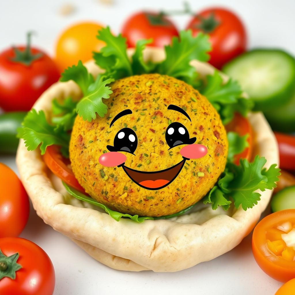 A smiling falafel with bright green parsley and lettuce, on a fresh pita bread, surrounded by colorful vegetables like tomatoes and cucumbers, with a light background