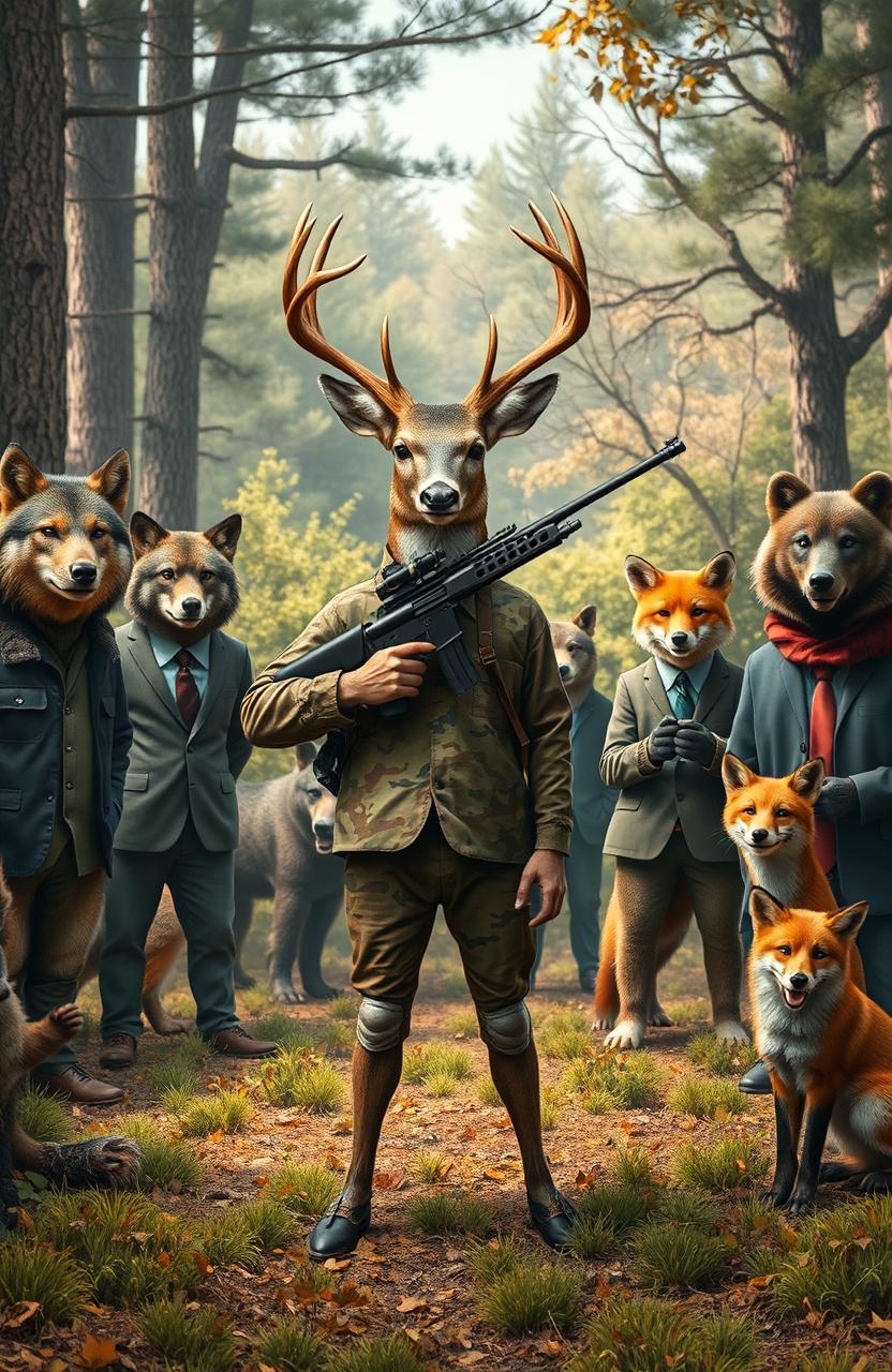A scene depicting a deer wearing camouflage hunting clothes and holding a sniper rifle, standing confidently in the center of the image