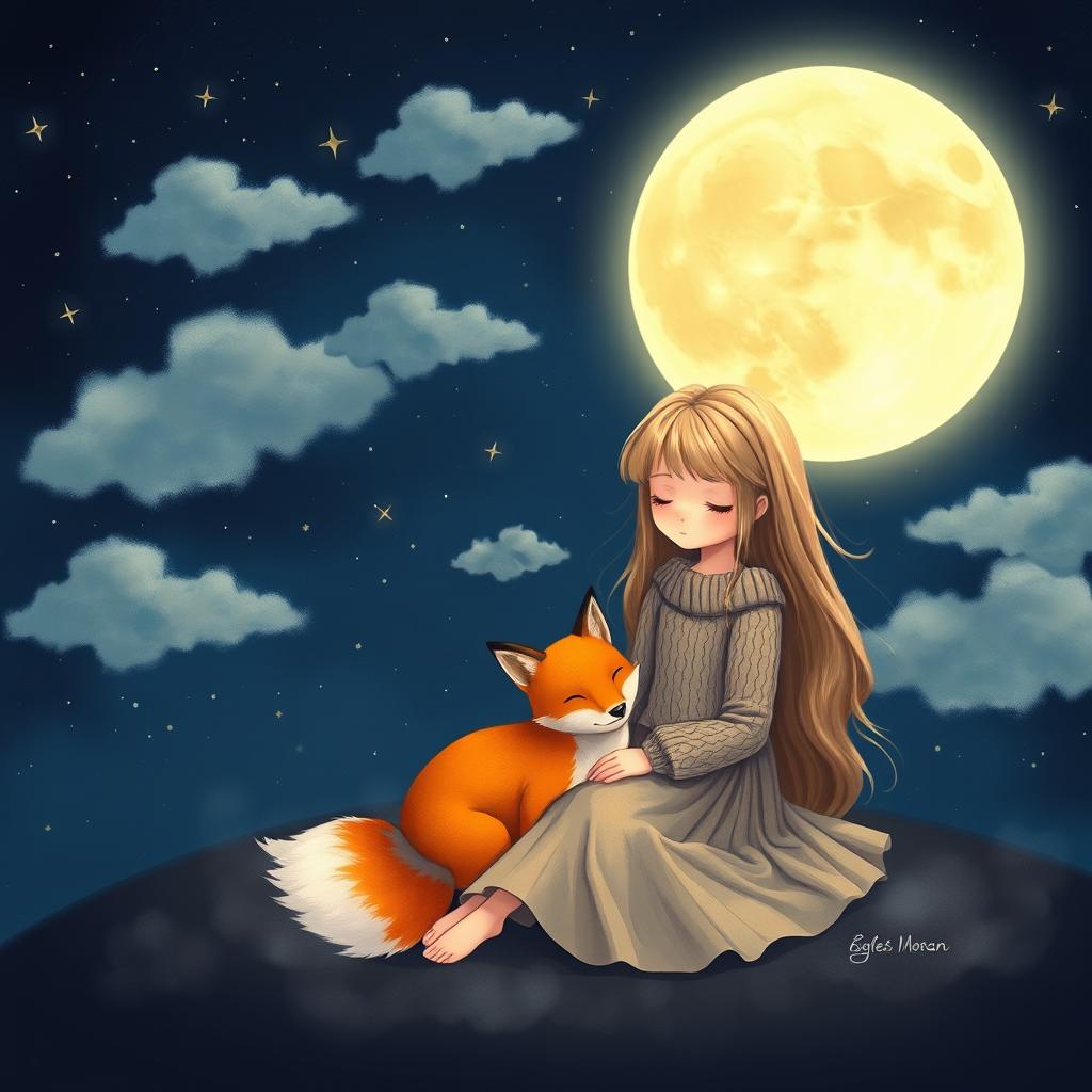 A whimsical scene featuring a girl sitting peacefully next to a fox under a bright, full moon