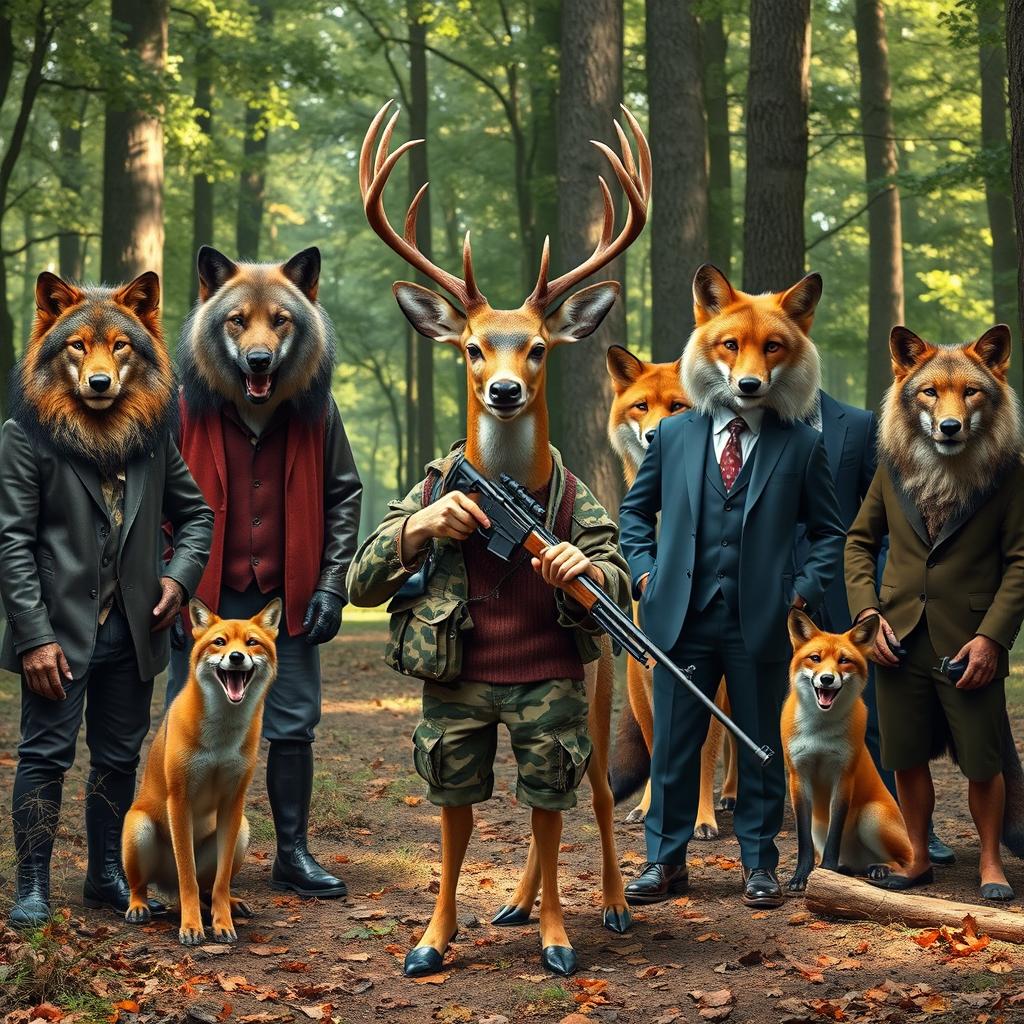 A whimsical scene featuring a deer dressed in hunting clothes, confidently holding a sniper rifle