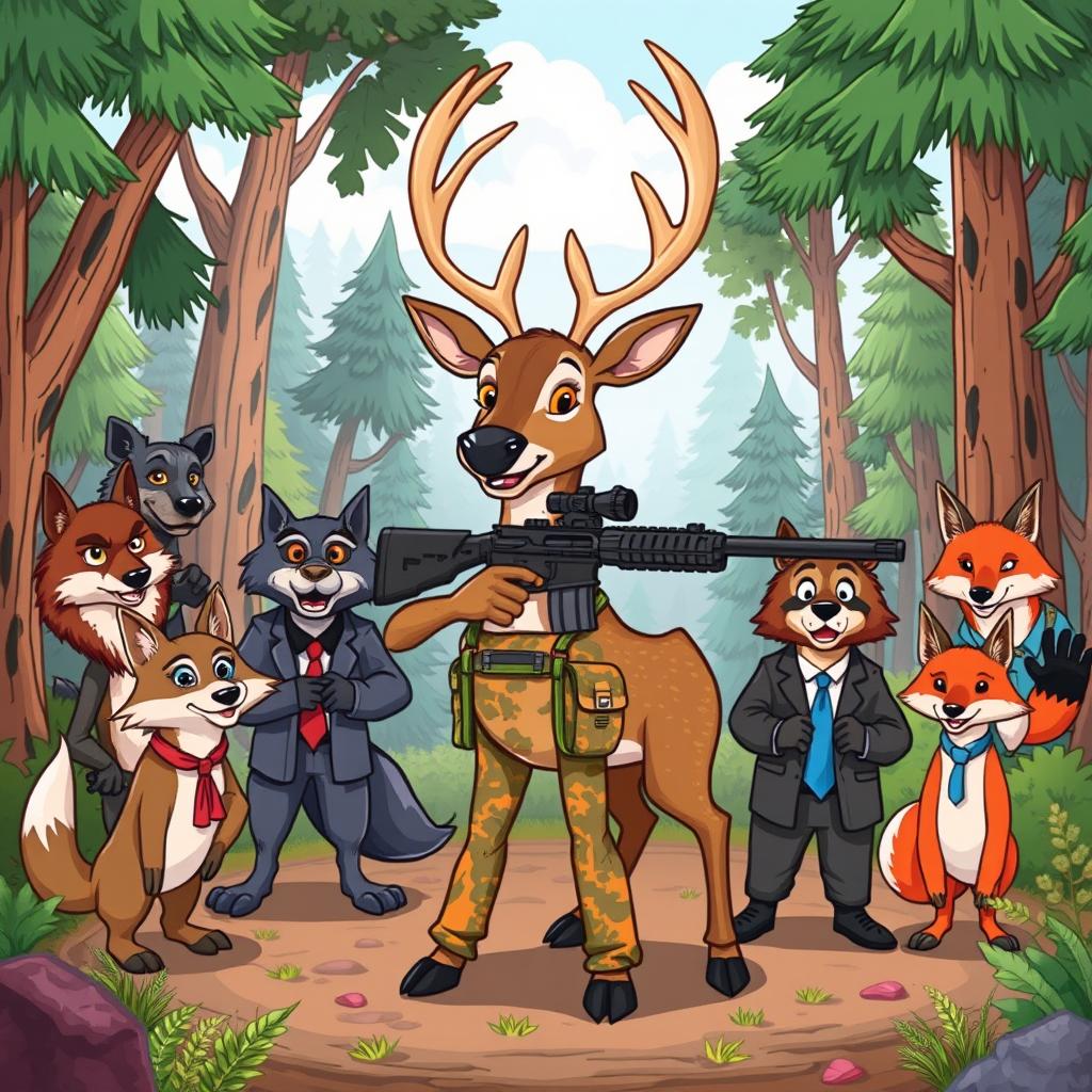 A cartoonish scene featuring a deer in the center, wearing bright camouflage hunting clothes and confidently holding a sniper rifle
