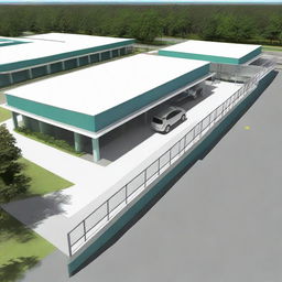 Show a modern, simple, and approximately 5200 sqft Guyana Marketing Corporation Processing & Packaging Facility with a visually appealing and accessible entrance. Add ramps, handrails, signage for visually impaired and adequate parking for the disabled.