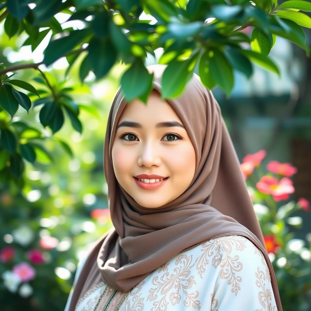 A beautiful Asian woman wearing a chic hijab in a syar'i style, exuding elegance and grace