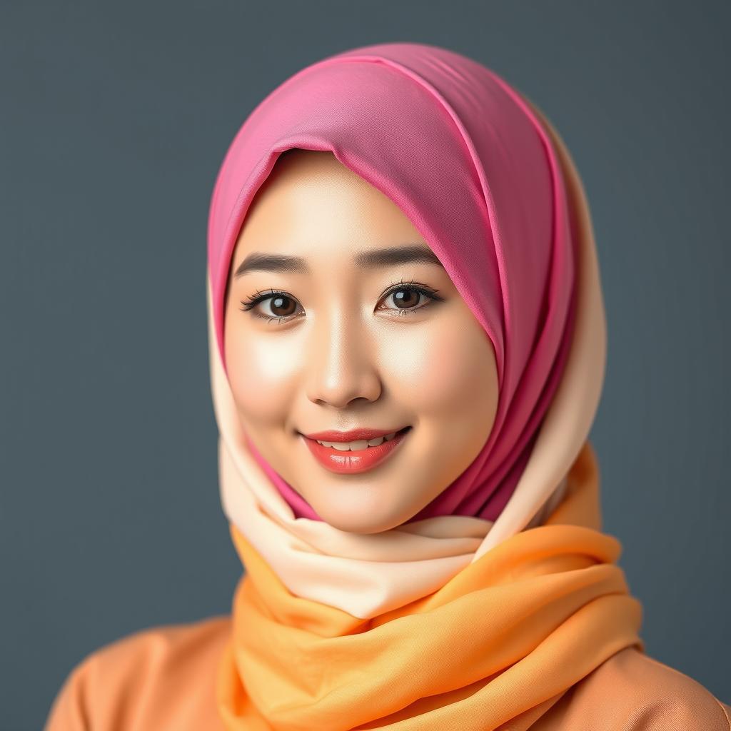 A beautiful Korean woman wearing a stylish hijab, portraying elegance and grace, against a solid color background