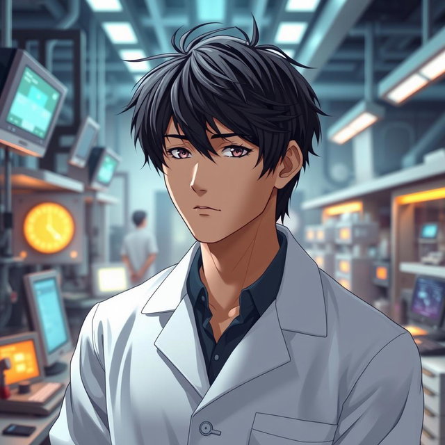An anime male character in his late 20s, featuring striking black hair styled in a slightly messy yet attractive manner