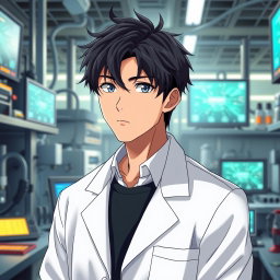 An anime male character in his late 20s, featuring striking black hair styled in a slightly messy yet attractive manner