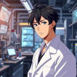 An anime male character in his late 20s, featuring striking black hair styled in a slightly messy yet attractive manner