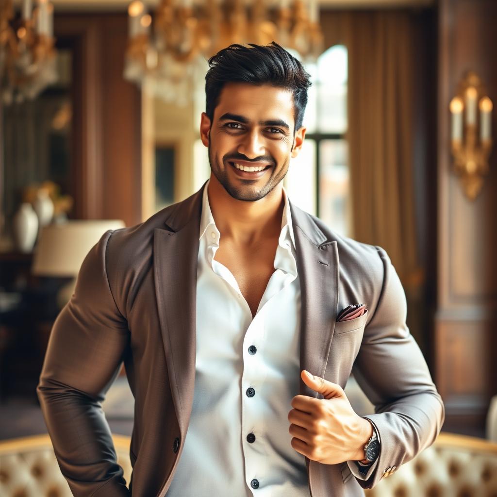 A muscular Indian man, showcasing strength and confidence, dressed in an elegant, expensive suit
