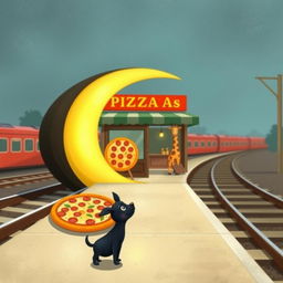 At a train station shaped like a crescent moon, next to the railway tracks, there is a delightful pizza shop