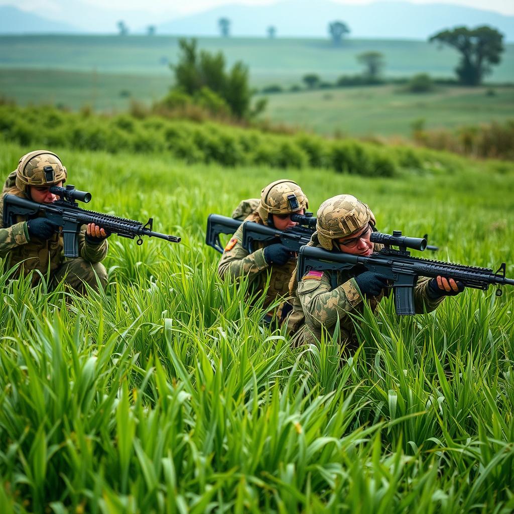 Four snipers dressed in military camouflage outfits, blending seamlessly into a grassy landscape