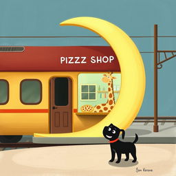 At a train station shaped like a crescent moon, situated next to the railway, there is a charming pizza shop