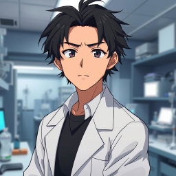 An anime male character in his late 20s, featuring tousled black hair that complements his serious yet lazy expression