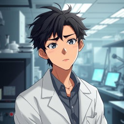 An anime male character in his late 20s, featuring tousled black hair that complements his serious yet lazy expression