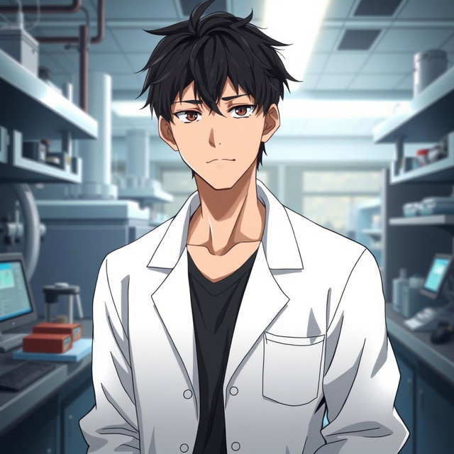 An anime male character in his late 20s, featuring tousled black hair that complements his serious yet lazy expression