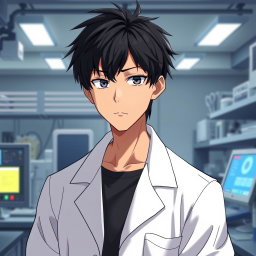 An anime male character in his late 20s, featuring tousled black hair that complements his serious yet lazy expression