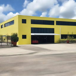 Show a modern, simple, and approximately 5200 sqft Guyana Marketing Corporation Processing & Packaging Facility with a visually appealing and accessible entrance. Add ramps, handrails, signage for visually impaired and adequate parking for the disabled.