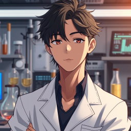 An anime male character in his late 20s with tousled black hair that falls across his forehead