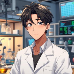An anime male character in his late 20s with tousled black hair that falls across his forehead