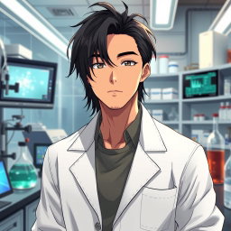 An anime male character in his late 20s with tousled black hair that falls across his forehead
