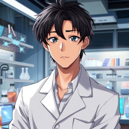 An anime male character in his late 20s with tousled black hair that falls across his forehead